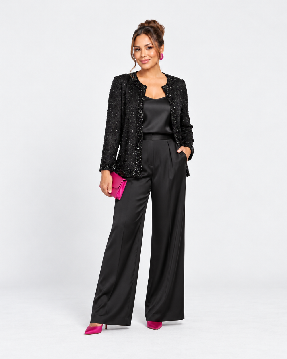 Chaqueta negra de seda con cuentas para mujer, marca Laurence Kazar, talla S