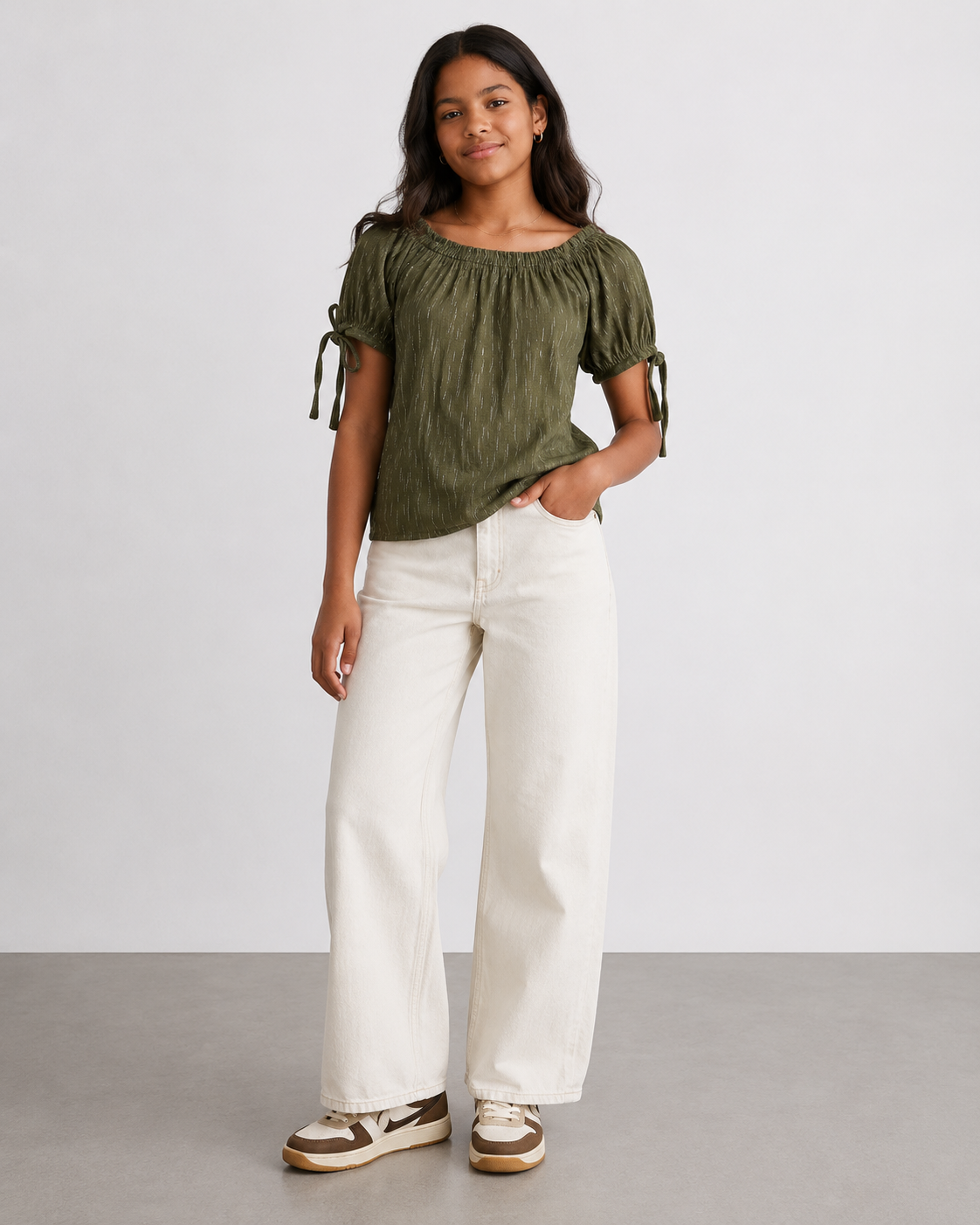 Blusa verde olivo con hilos dorados para niña Beautees talla L (14), ropa de segunda mano en República Dominicana