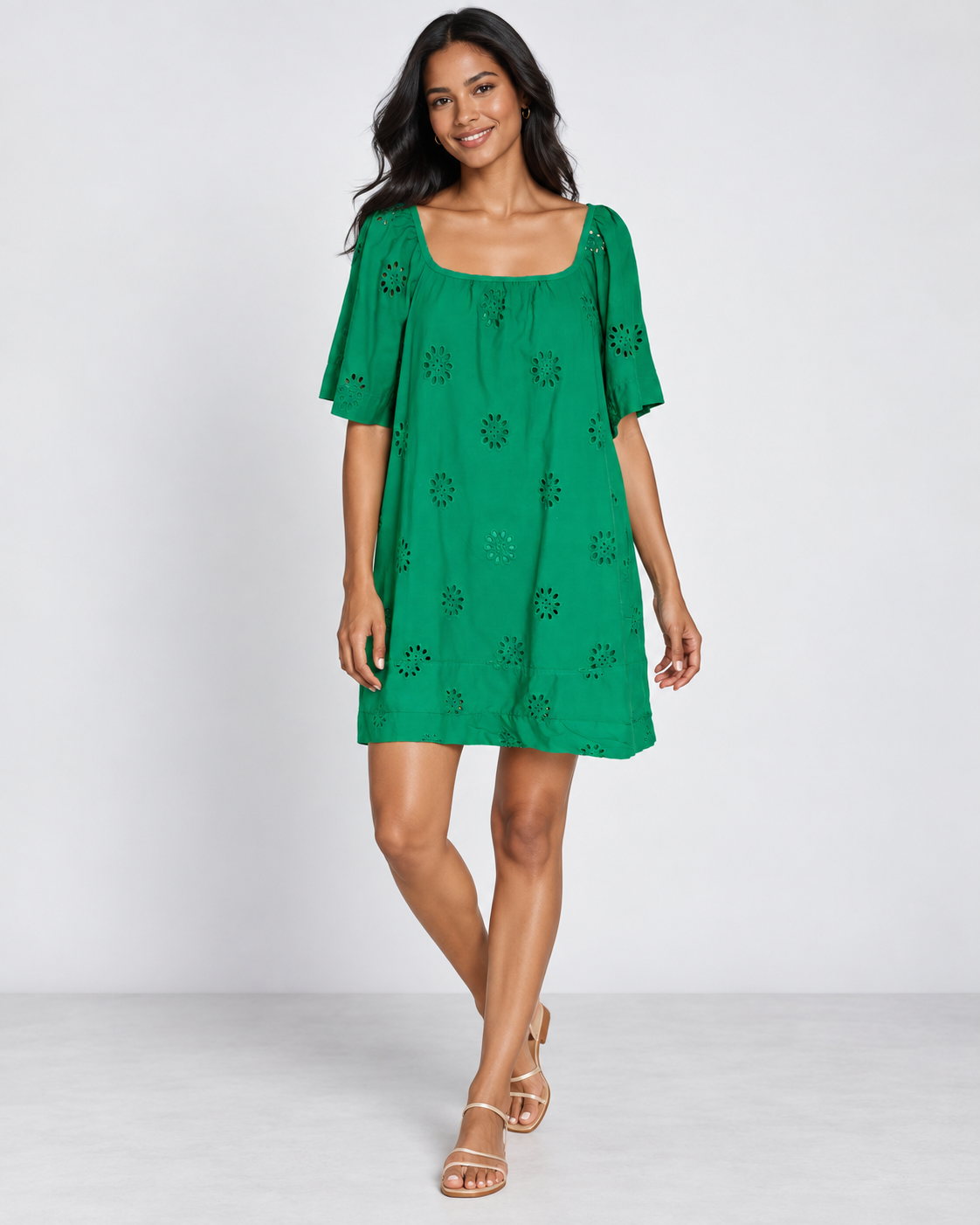 VESTIDO VERDE DE ALGODÓN CON BORDADO CALADO PARA MUJER | FREE ASSEMBLY | TALLA XS