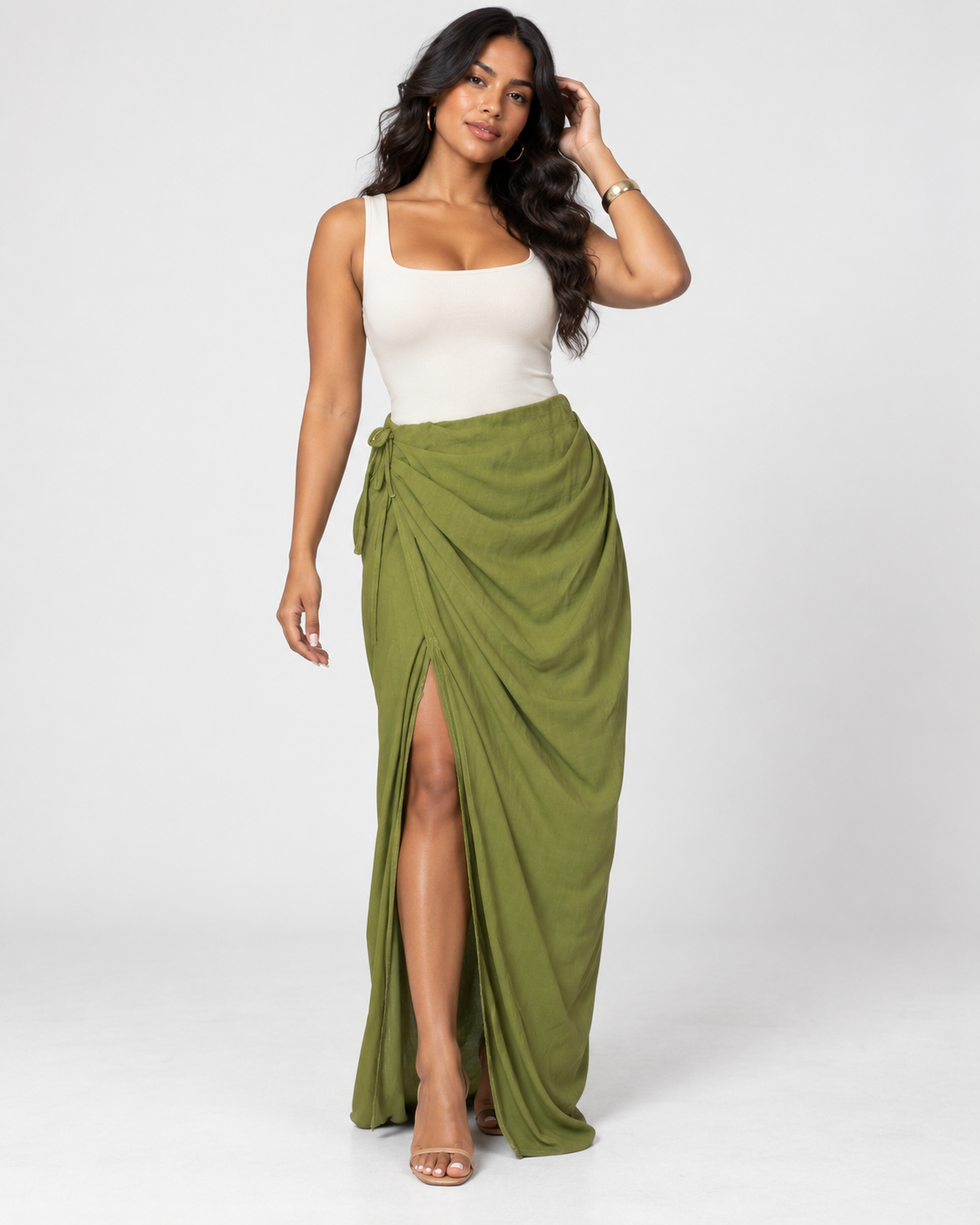 NUEVA CON ETIQUETA | FALDA LARGA VERDE OLIVA CON DRAPEADO | SHEIN BAE | TALLA M (6)