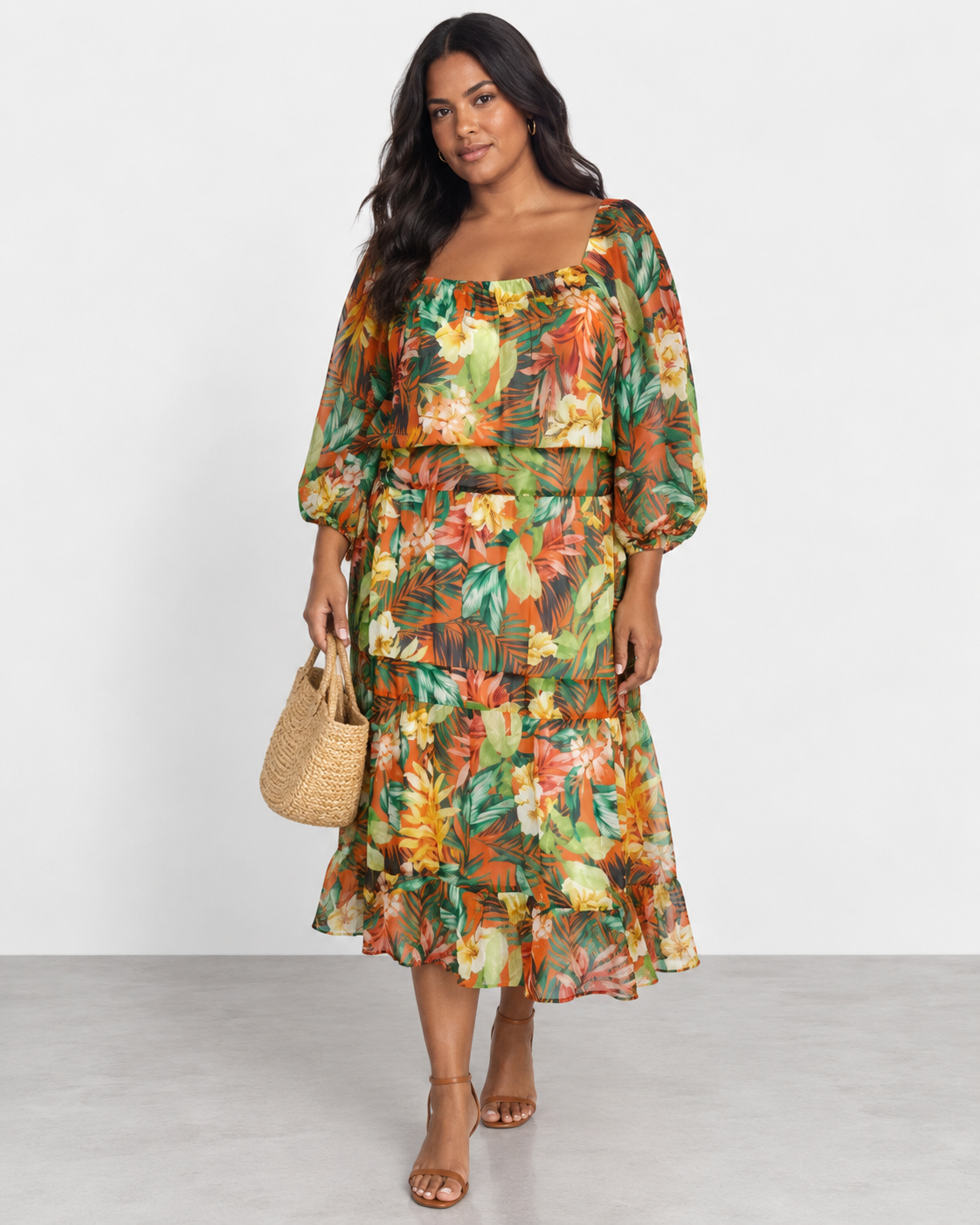 NUEVO CON ETIQUETA | VESTIDO MIDI CON ESTAMPADO TROPICAL | FIGUEROA & FLOWER | TALLA XL