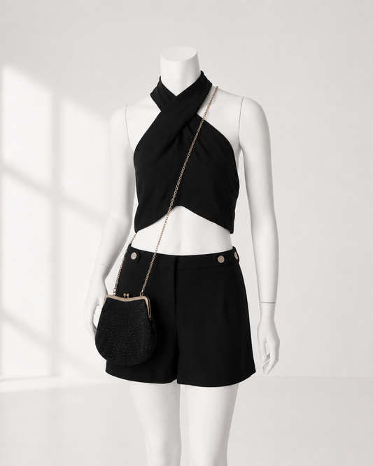 SHORT NEGRO DE TIRO ALTO CON BOTONES METÁLICOS | EXPRESS | TALLA 2