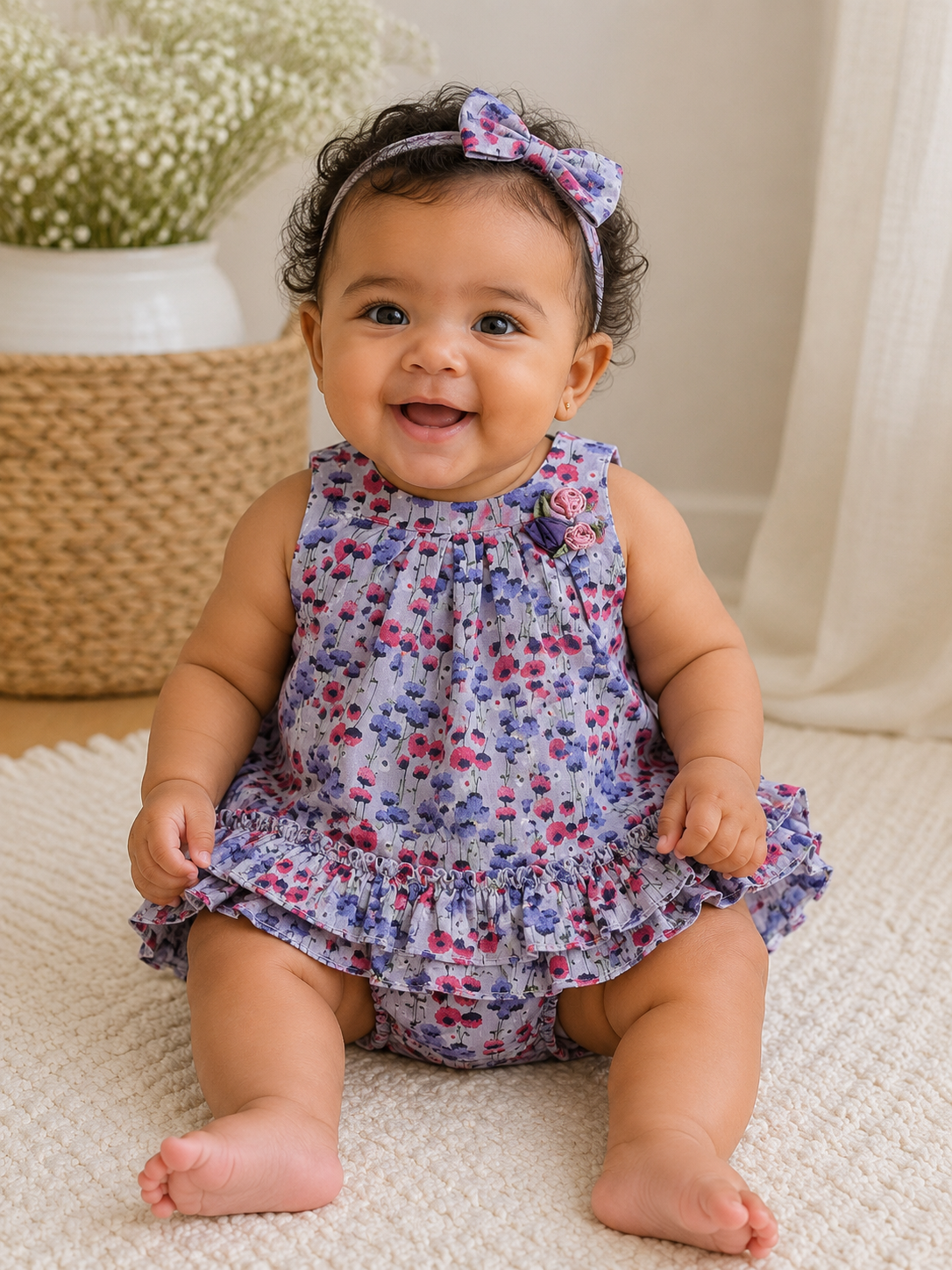 VESTIDO FLORAL CON VOLANTES & 3 CUBREPAÑAL | PIPPA & JULIE | TALLA 6-9M