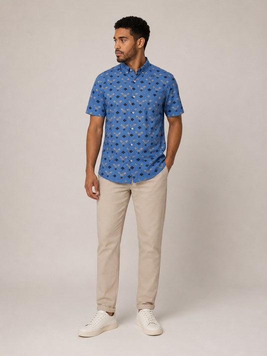 CAMISA MANGA CORTA AZUL CON ESTAMPADO GEOMÉTRICO | MOLOKAI SURF CO. | TALLA M