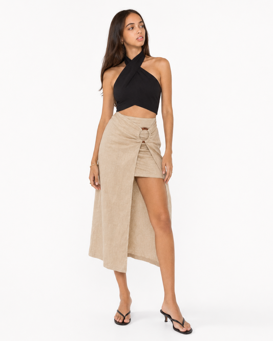 FALDA MIDI KHAKI DE LINO | ZARA | TALLA XS