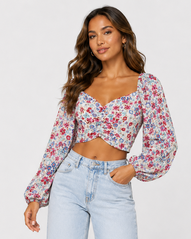 TOP CORTO CON ESTAMPADO FLORAL Y MANGAS ABULLONADAS | ZARA | TALLA S