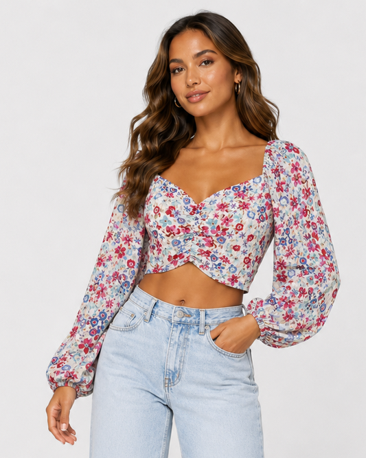 TOP CORTO CON ESTAMPADO FLORAL Y MANGAS ABULLONADAS | ZARA | TALLA S