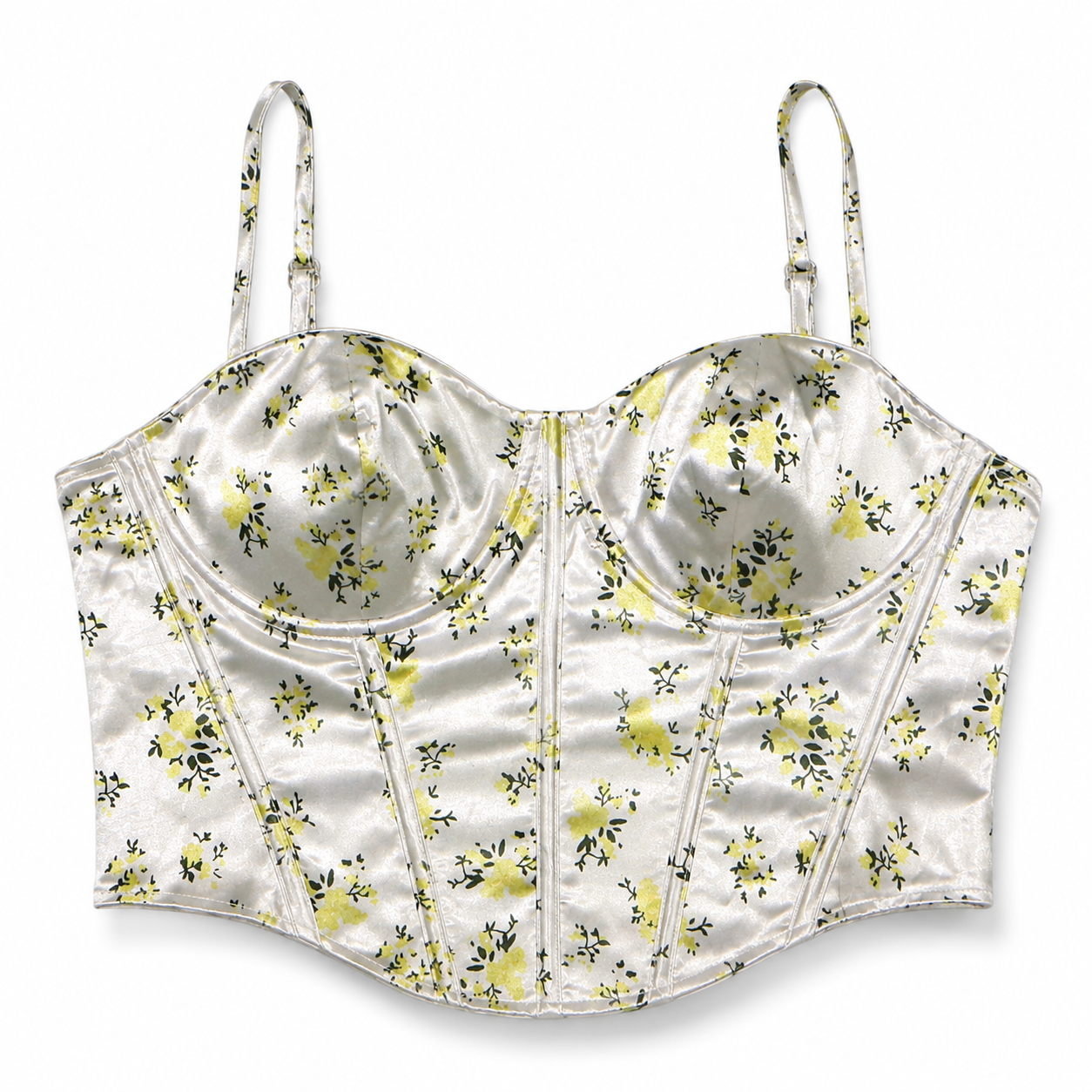 CORSET SATINADO CON ESTAMPADO DE FLORES AMARILLAS | TALLA 1XL