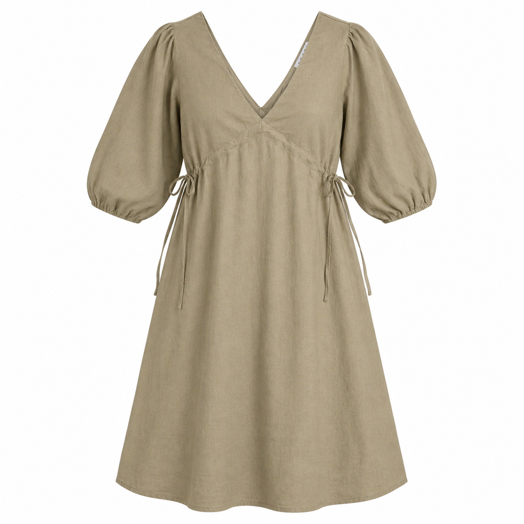 VESTIDO MINI DE LINO VERDE OLIVO CON ESCOTE EN V Y AJUSTE LATERAL | HYFVE | TALLA S