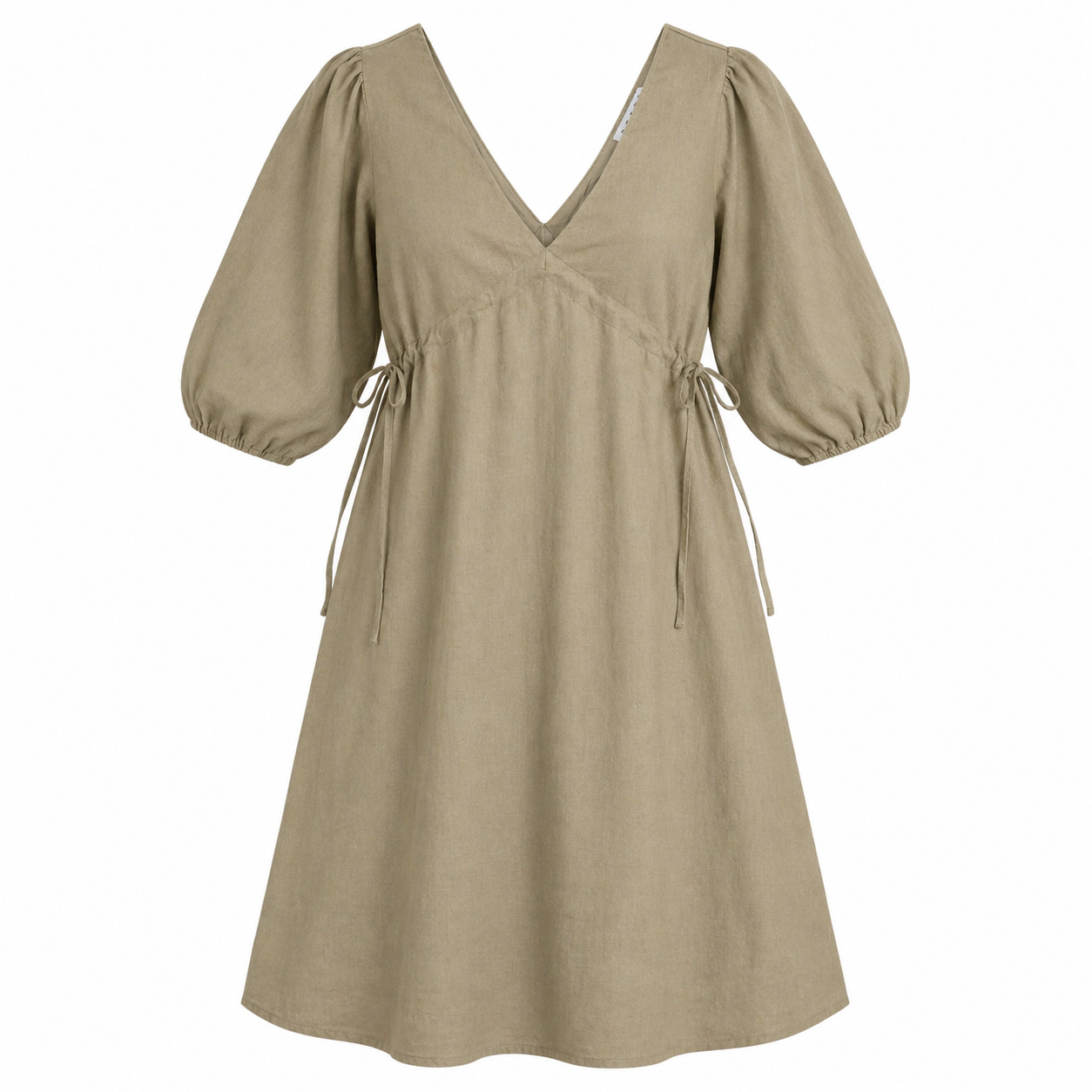 VESTIDO MINI DE LINO VERDE OLIVO CON ESCOTE EN V Y AJUSTE LATERAL | HYFVE | TALLA S