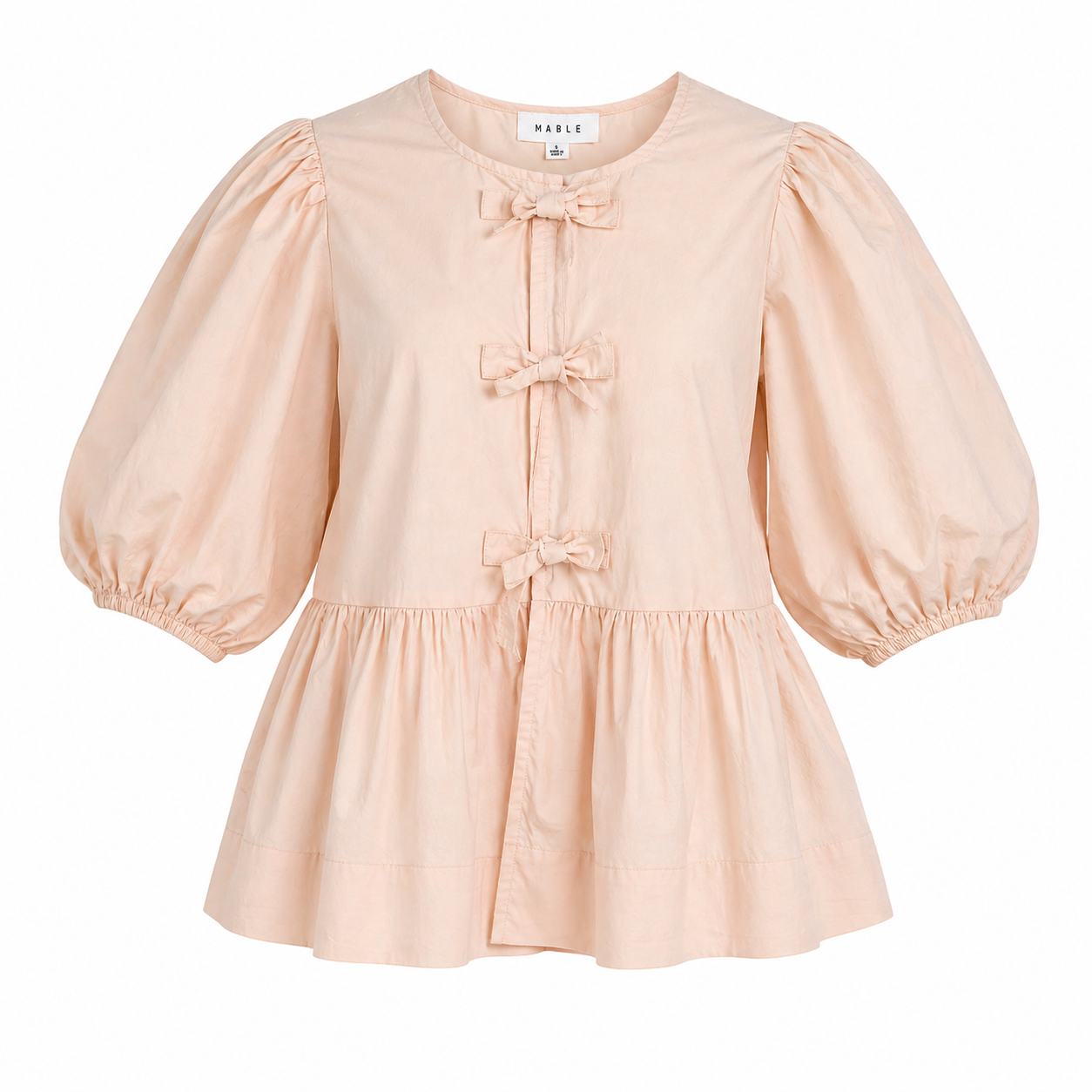 BLUSA PEPLUM CON LAZOS FRONTALES Y MANGAS ABULLONADAS | MABLE | TALLA S