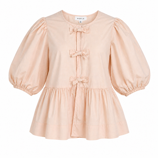 BLUSA PEPLUM CON LAZOS FRONTALES Y MANGAS ABULLONADAS | MABLE | TALLA S