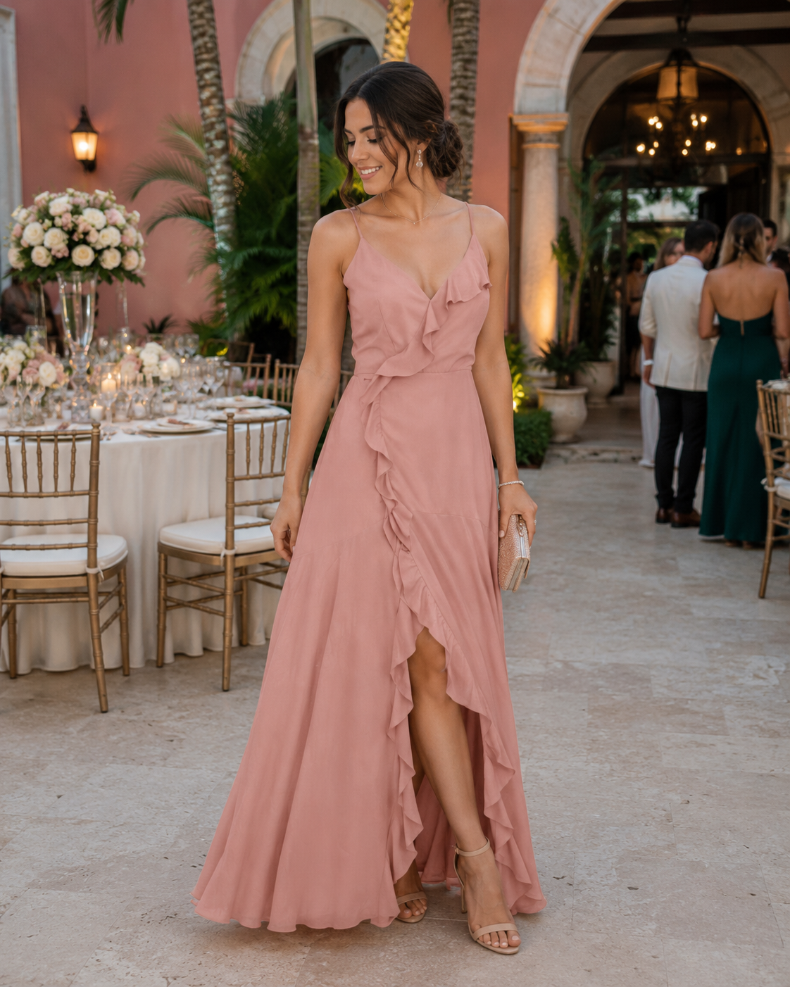 NUEVO CON ETIQUETA | VESTIDO MAXI ROSADO CON VOLANTES Y ESPALDA CRUZADA | LULUS | TALLA S