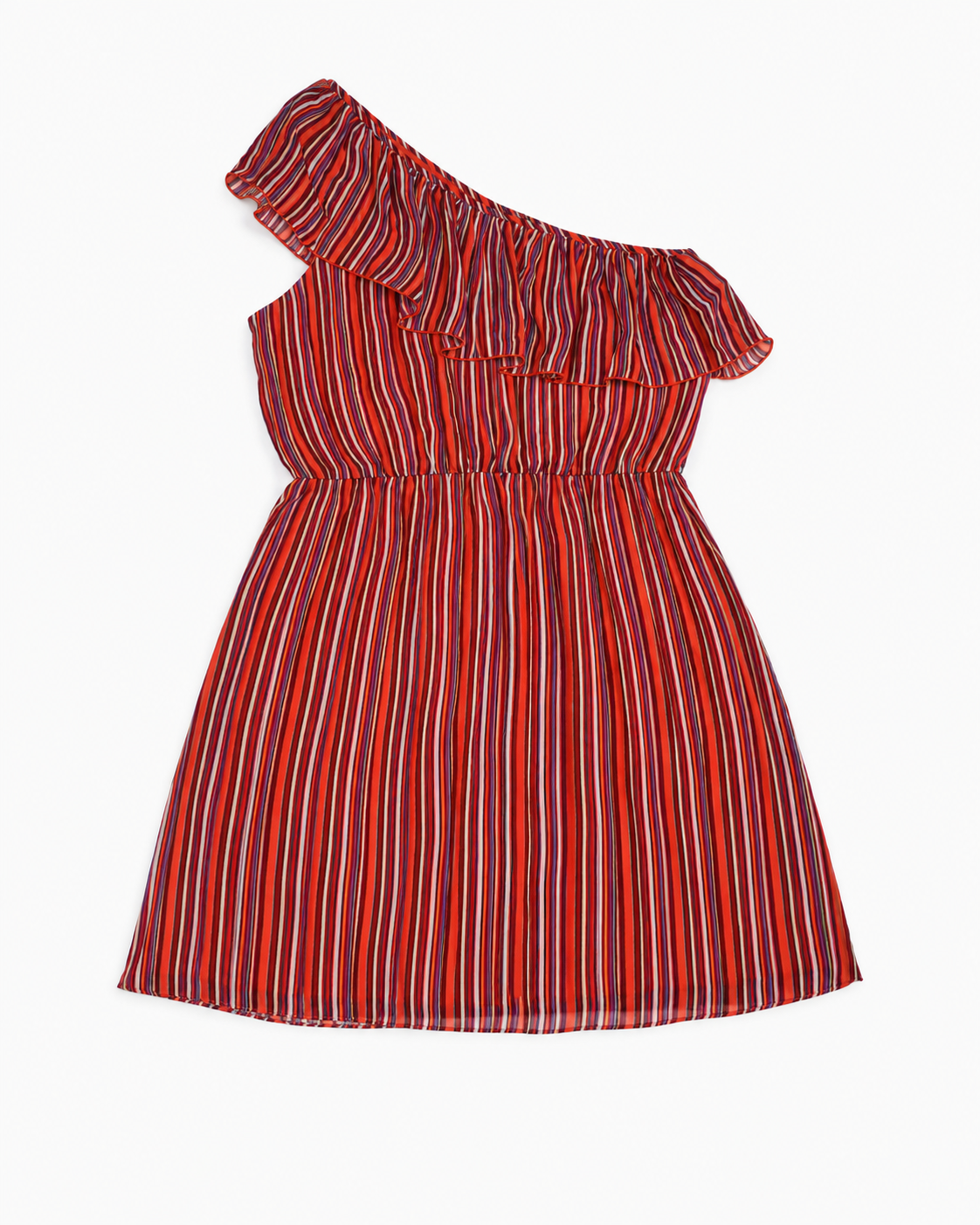 VESTIDO DE UN HOMBRO DE RAYAS CON VOLANTE PARA MUJER | BISOU BISOU | TALLA 10 (M)