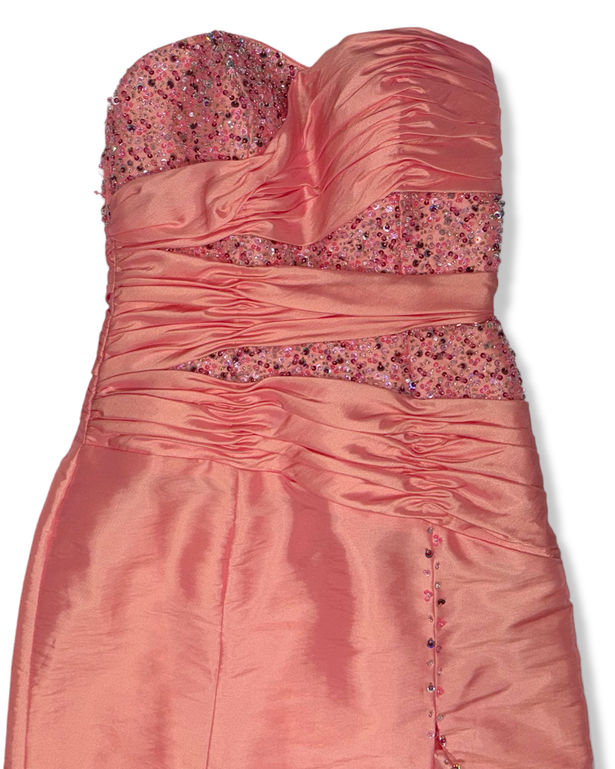 Vestido largo coral strapless con pedrería para mujer, marca Tiffany Designs, talla 6, foto 4