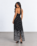 VESTIDO MAXI NEGRO ESTAMPADO CON CUELLO HALTER PARA MUJER | SCARLETT | TALLA 4