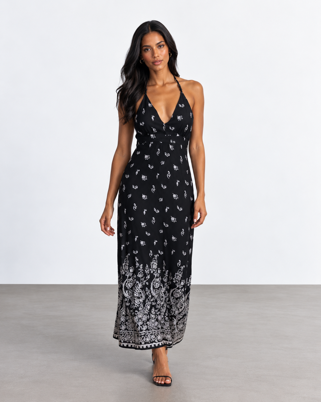 VESTIDO MAXI NEGRO ESTAMPADO CON CUELLO HALTER PARA MUJER | SCARLETT | TALLA 4