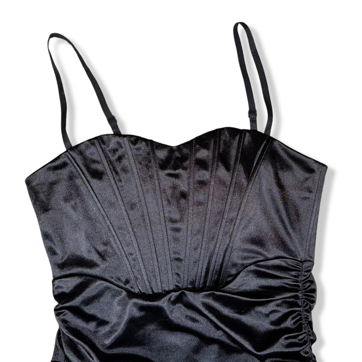Vestido negro satinado estilo corset para mujer, foto 8