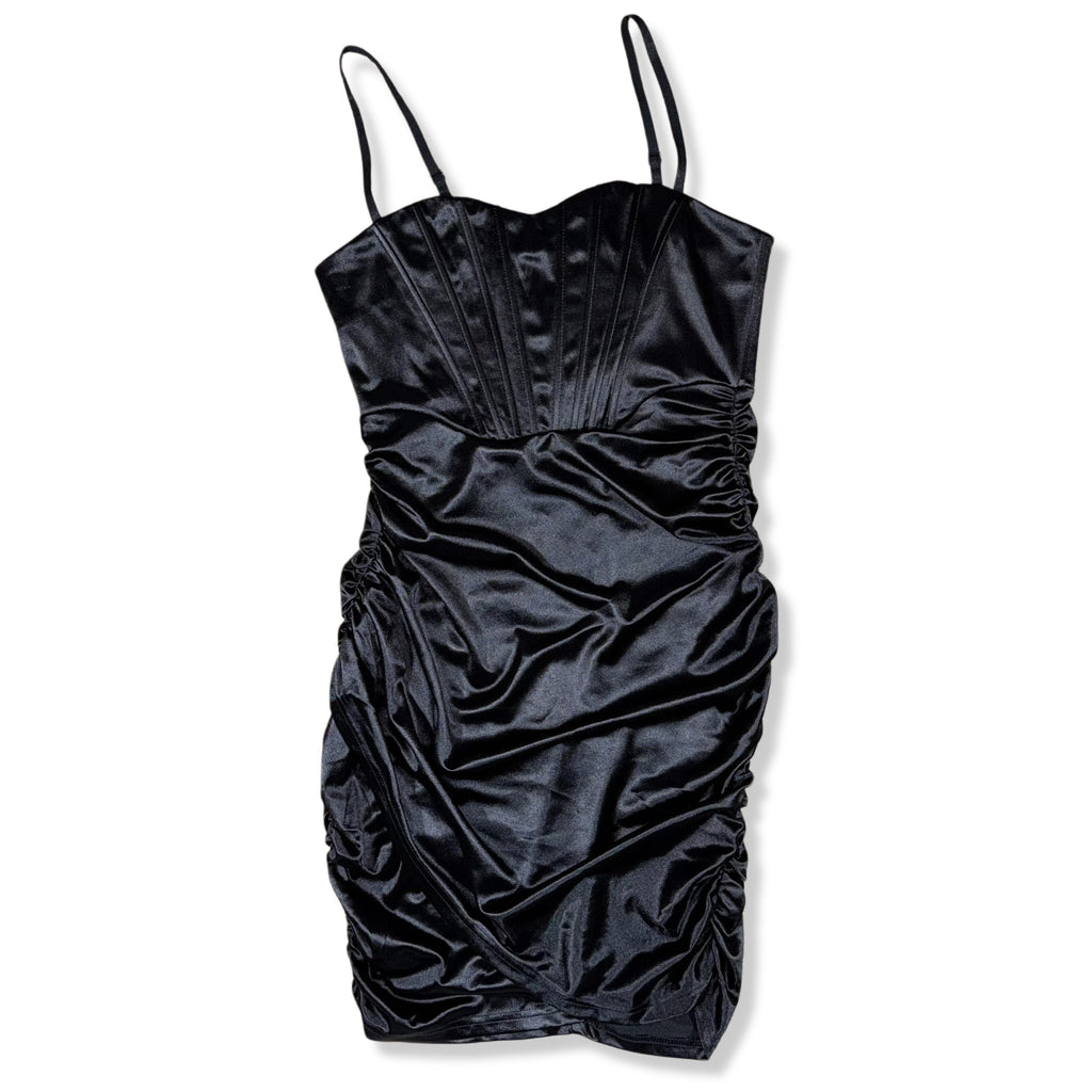 Vestido negro satinado estilo corset para mujer, foto 9