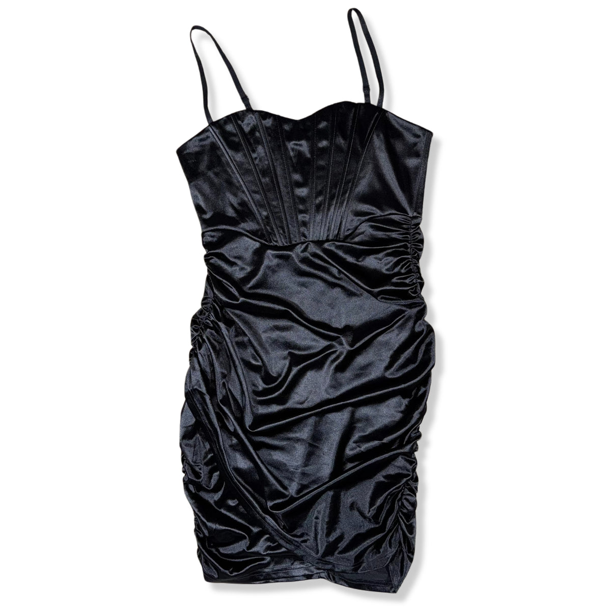 Vestido negro satinado estilo corset para mujer, foto 9