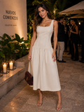 NUEVO CON ETIQUETA | VESTIDO MIDI BEIGE CORTE DROP WAIST CON FALDA AMPLIA | ENDLESS ROSE | TALLA S